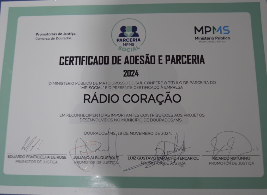 Rádio Coração recebe certificado de Adesão e Parceria do MP-Social 2024